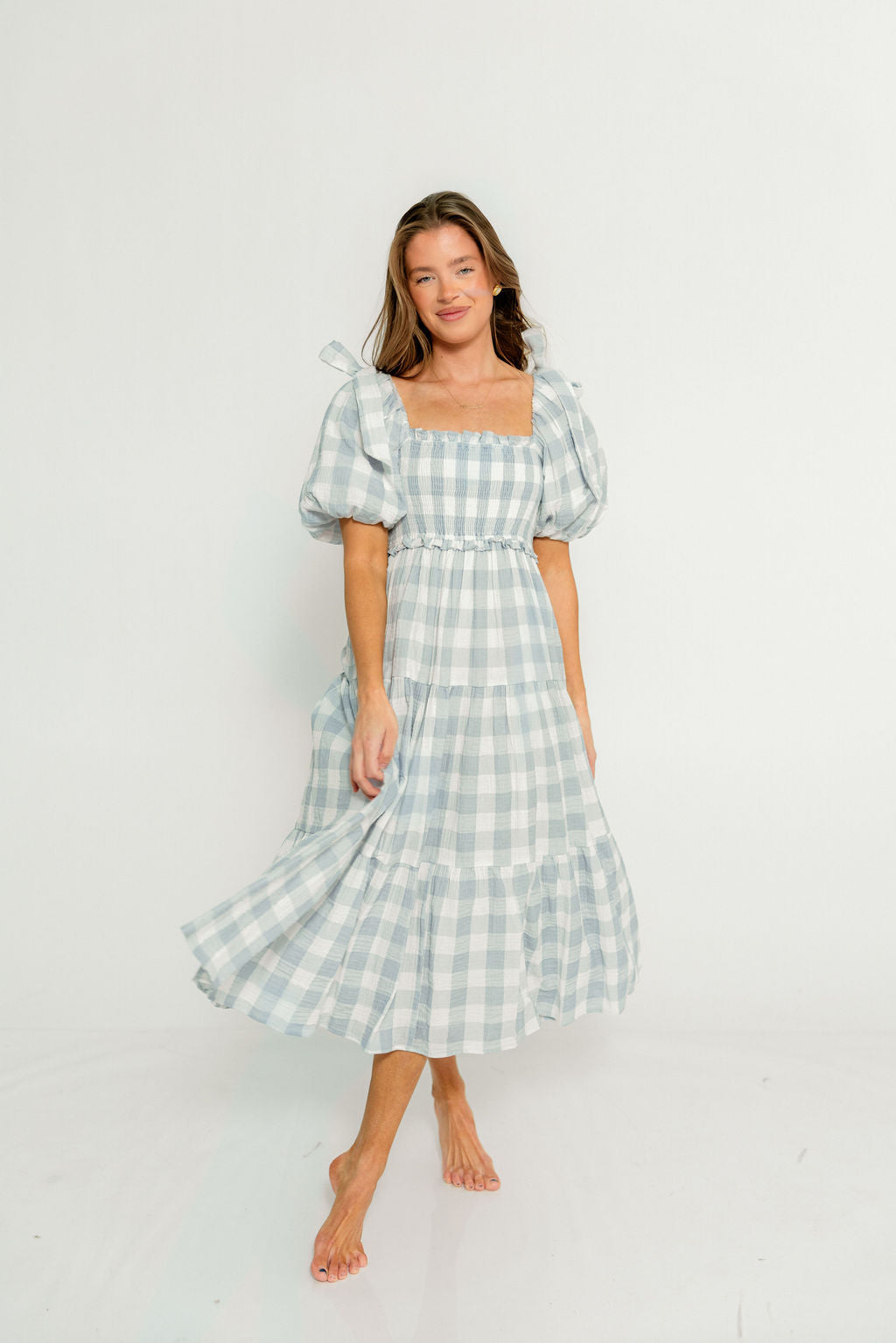 Elena 100% Cotton Gingham Midi Dress in Dusty Blue - Bump Friendly & Inclusive Sizing *6/30 PRE-ORDER*