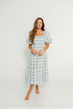 Elena 100% Cotton Gingham Midi Dress in Dusty Blue - Bump Friendly & Inclusive Sizing *6/30 PRE-ORDER*