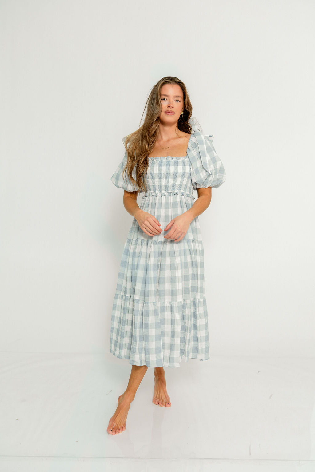 Elena 100% Cotton Gingham Midi Dress in Dusty Blue - Bump Friendly & Inclusive Sizing *6/30 PRE-ORDER*