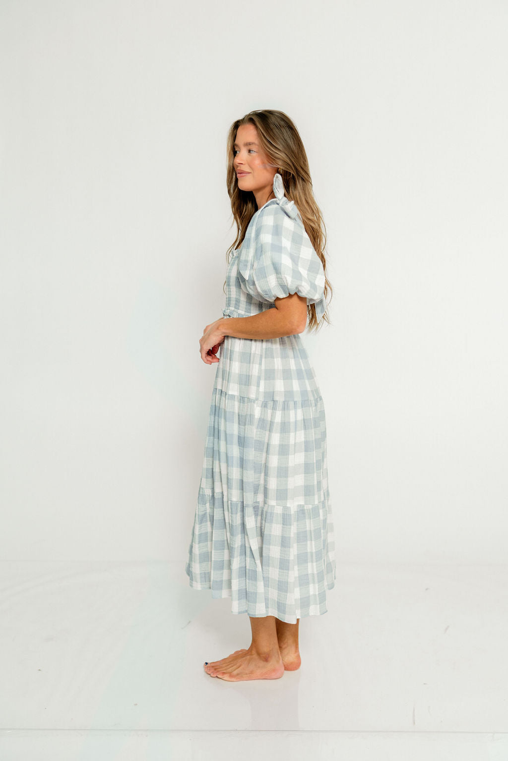 Elena 100% Cotton Gingham Midi Dress in Dusty Blue - Bump Friendly & Inclusive Sizing *6/30 PRE-ORDER*