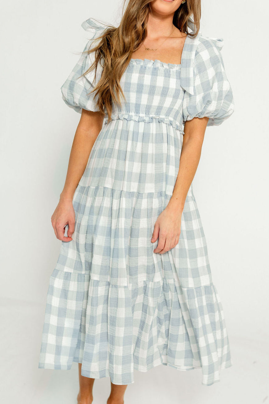 Elena 100% Cotton Gingham Midi Dress in Dusty Blue - Bump Friendly & Inclusive Sizing *6/30 PRE-ORDER*