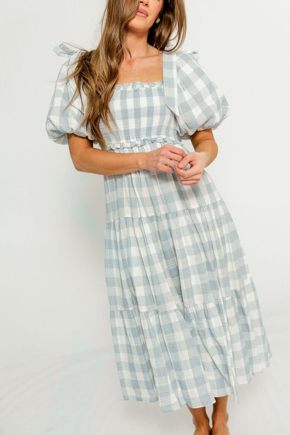 Elena 100% Cotton Gingham Midi Dress in Dusty Blue - Bump Friendly & Inclusive Sizing *6/30 PRE-ORDER*