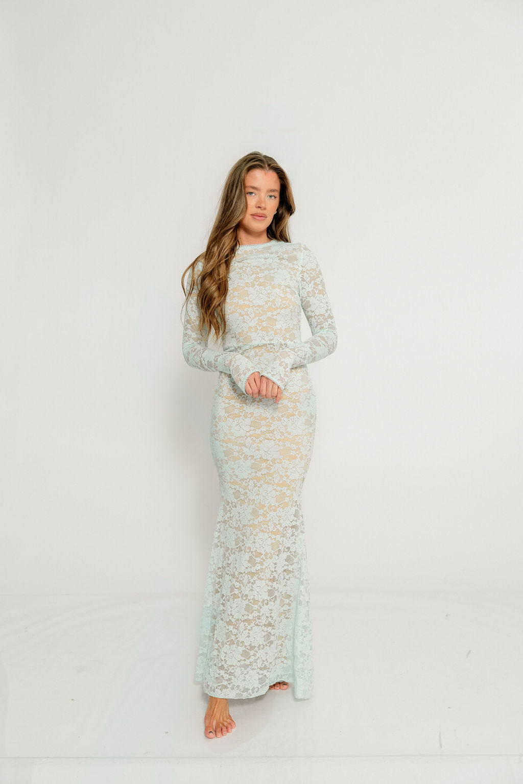 Seraphine Lace Maxi Dress in Pale Blue - Bump Friendly (Size Up for Bump)