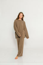 Naomi Oversized Fleece Long Sleeve Top in Olive Brown - Bump Friendly