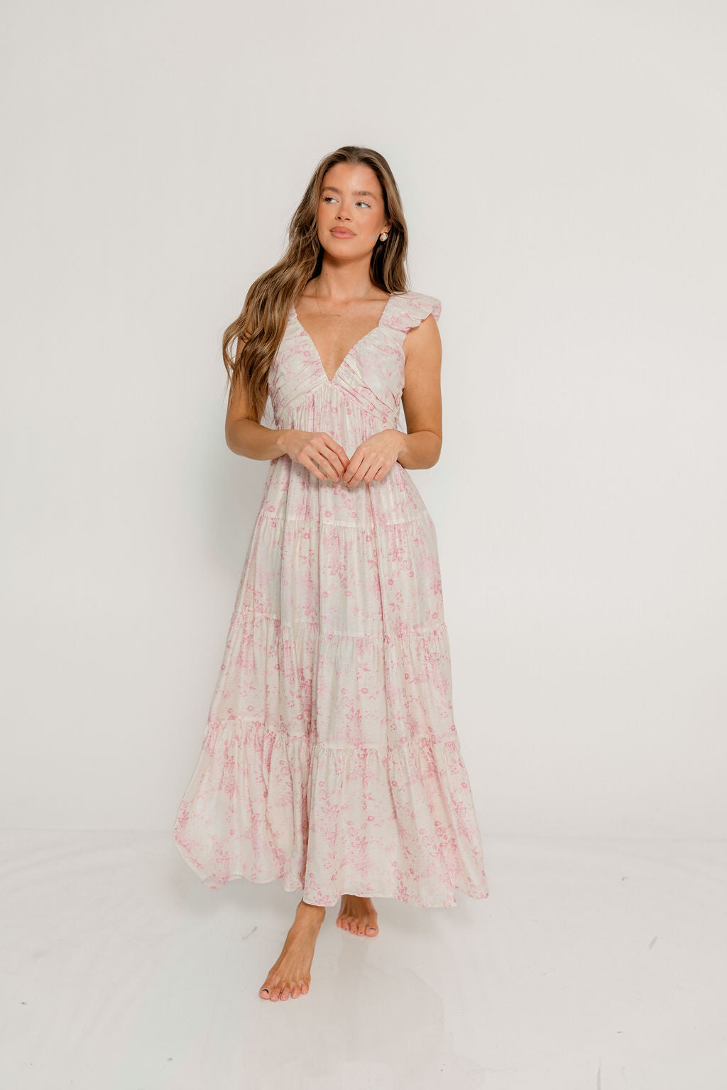 Katy Pleated Bodice Maxi Dress in Pink Floral