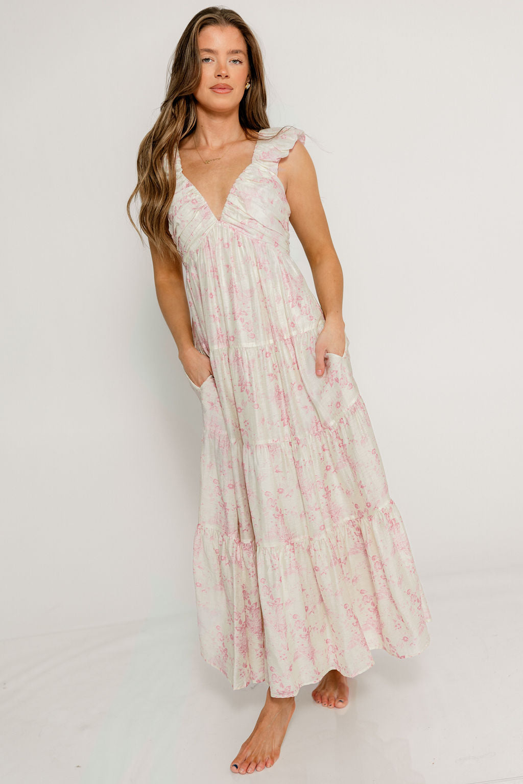 Katy Pleated Bodice Maxi Dress in Pink Floral