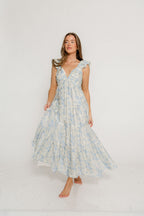 Katy Pleated Bodice Maxi Dress in Blue Floral - Bump Friendly