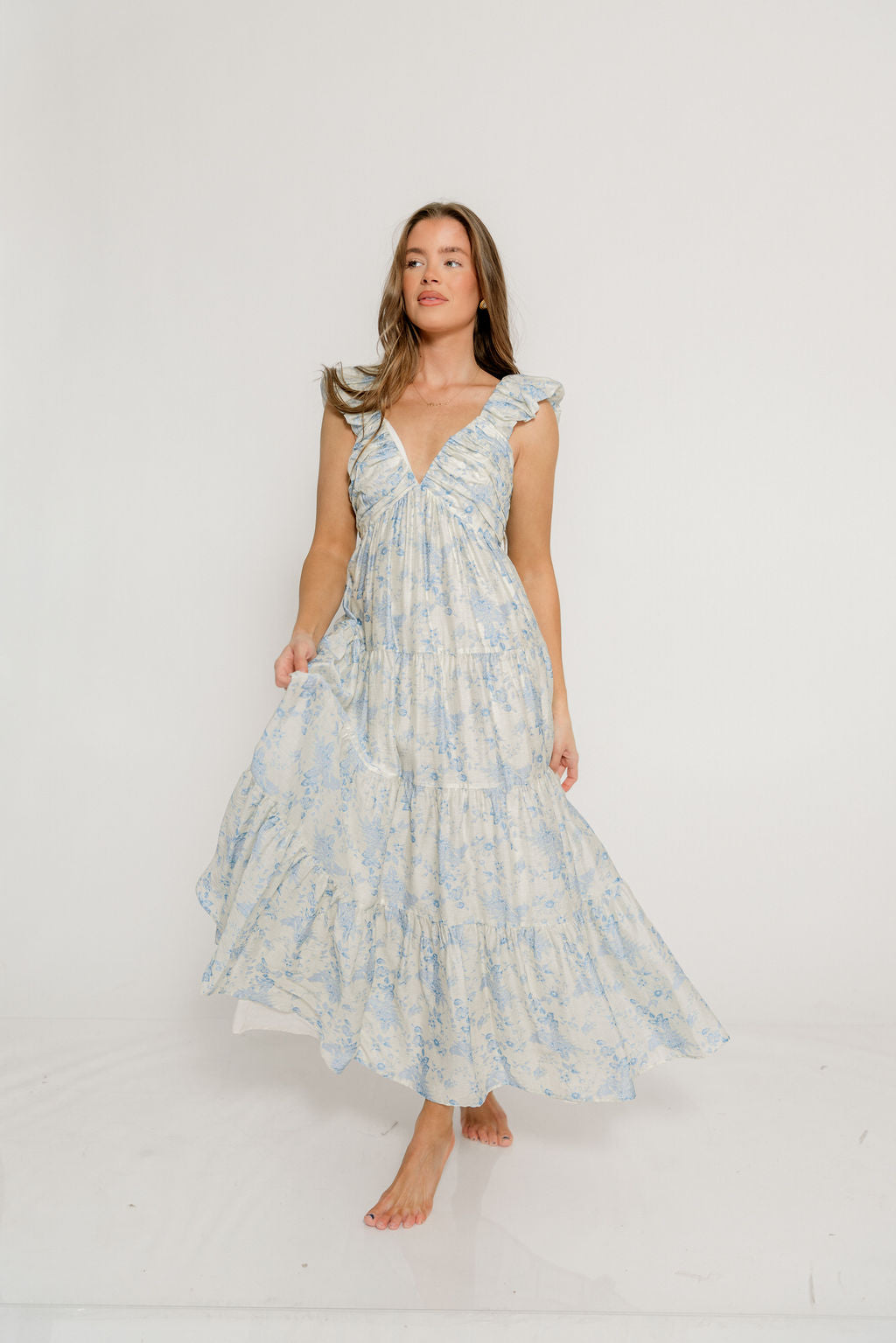 Katy Pleated Bodice Maxi Dress in Blue Floral - Bump Friendly