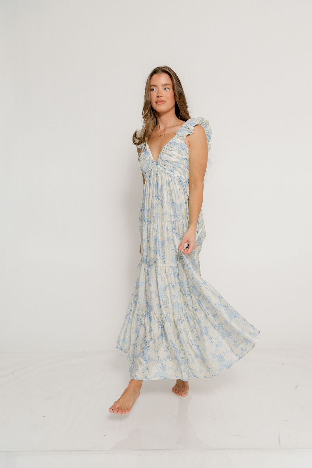 Katy Pleated Bodice Maxi Dress in Blue Floral - Bump Friendly