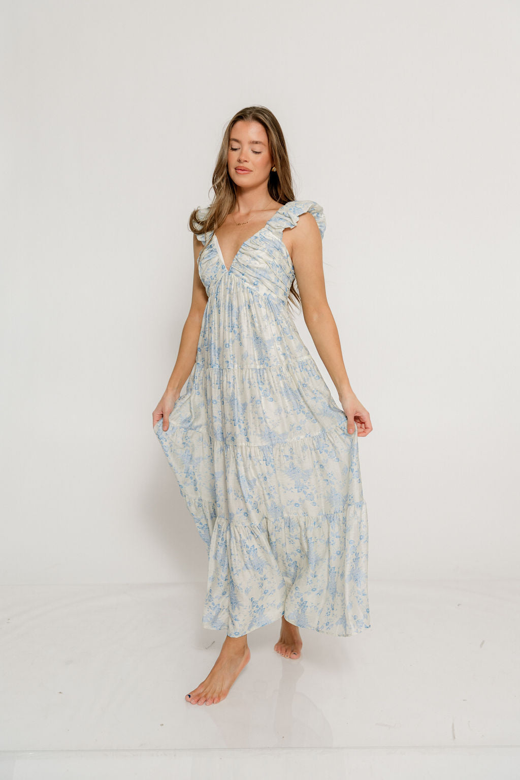 Katy Pleated Bodice Maxi Dress in Blue Floral - Bump Friendly