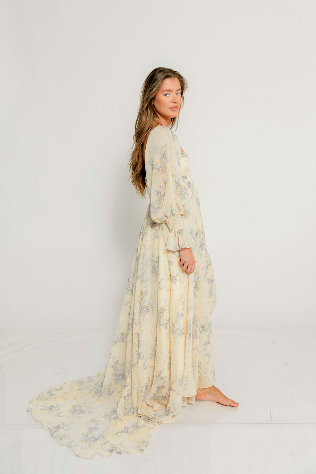 Delilah Maxi Dress with Train in Muted Peach Floral - Bump Friendly