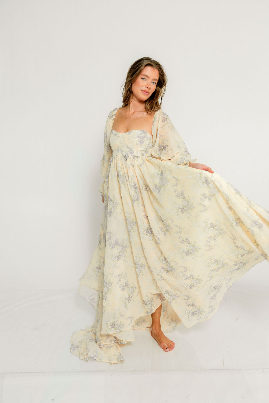Delilah Maxi Dress with Train in Muted Peach Floral - Bump Friendly