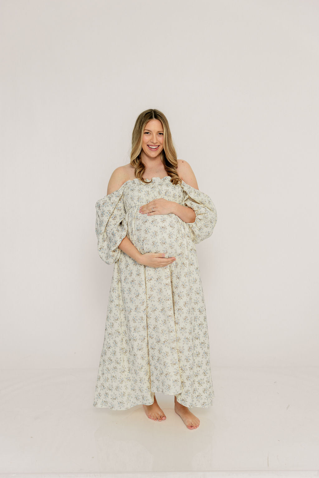 Noa Premium 100% Cotton Maxi Dress in Dusty Blue Floral - Bump Friendly
