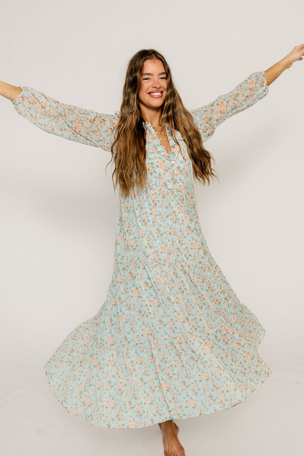 Anna Floral Button-Down Maxi Dress in Light Blue - Bump Friendly