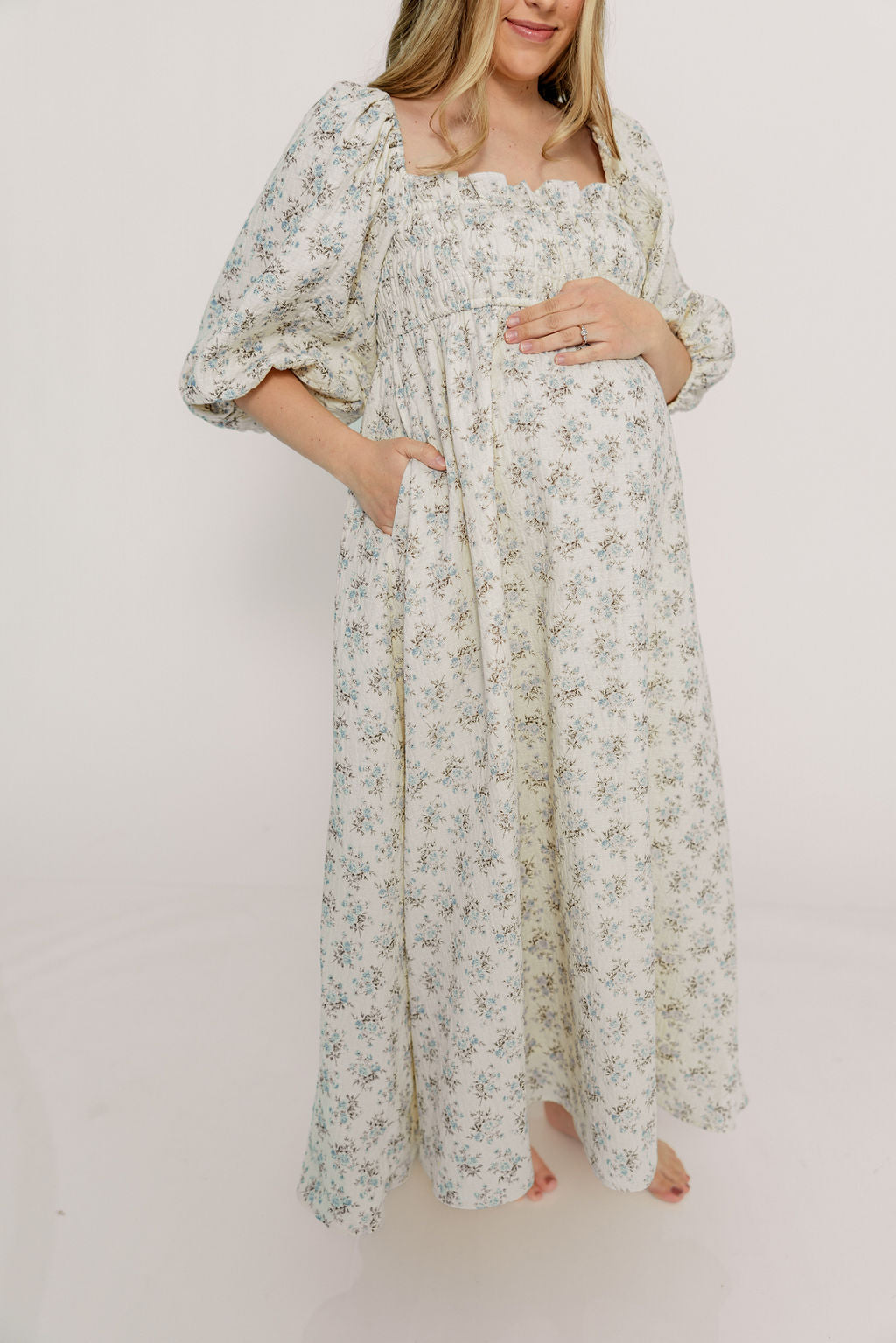Noa Premium 100% Cotton Maxi Dress in Dusty Blue Floral - Bump Friendly
