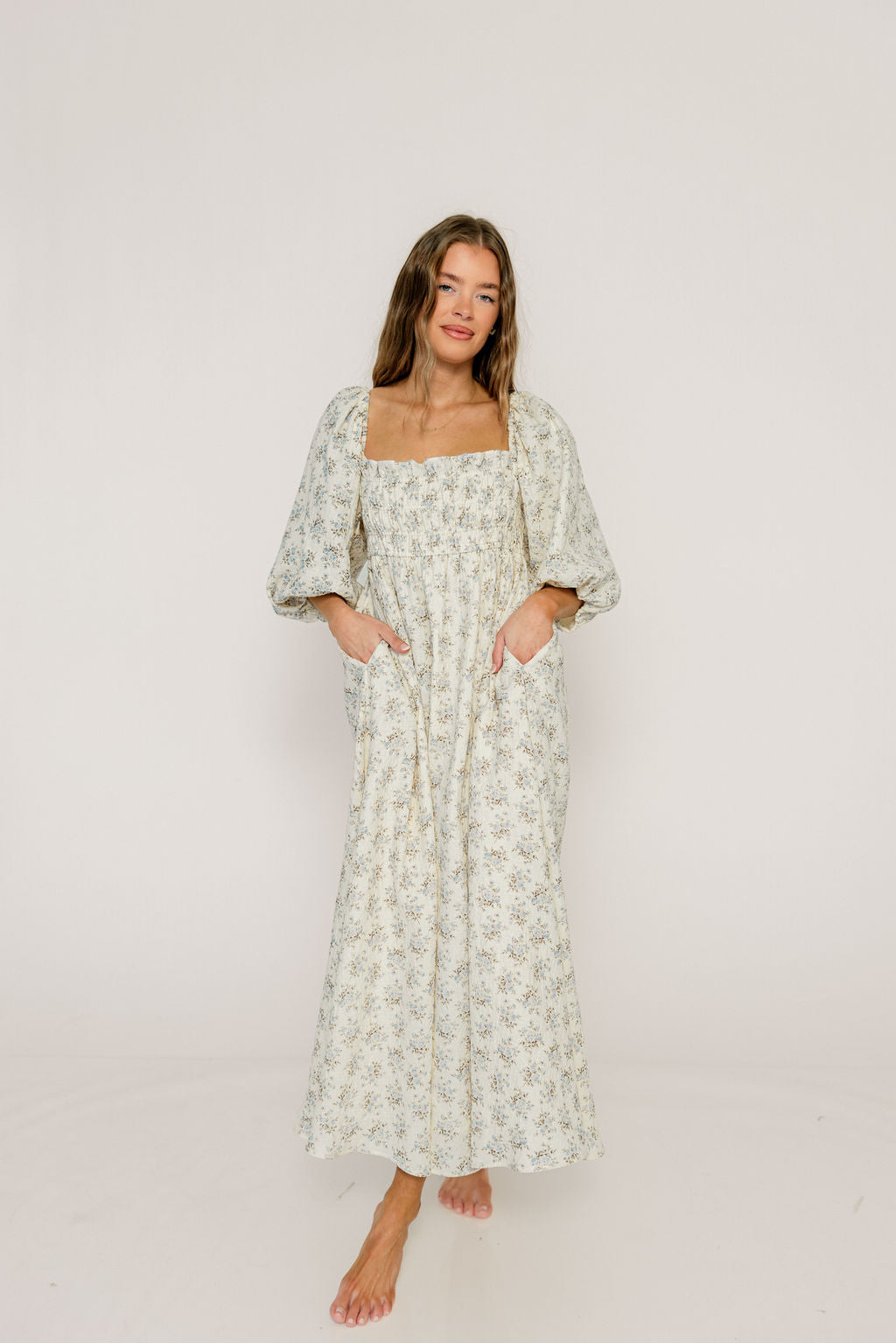 Noa Premium 100% Cotton Maxi Dress in Dusty Blue Floral - Bump Friendly