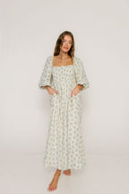 Noa Premium 100% Cotton Maxi Dress in Dusty Blue Floral - Bump Friendly