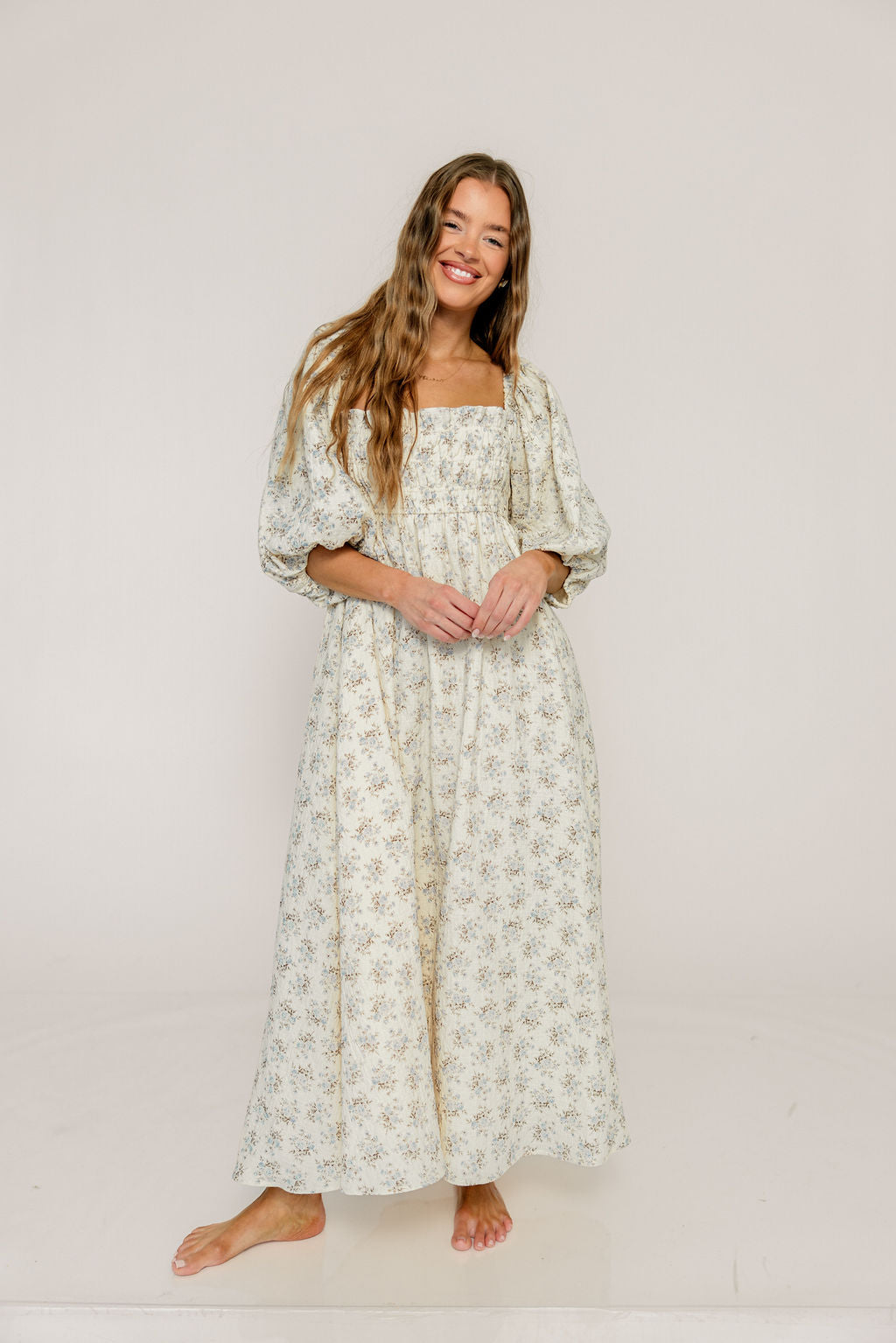 Noa Premium 100% Cotton Maxi Dress in Dusty Blue Floral - Bump Friendly