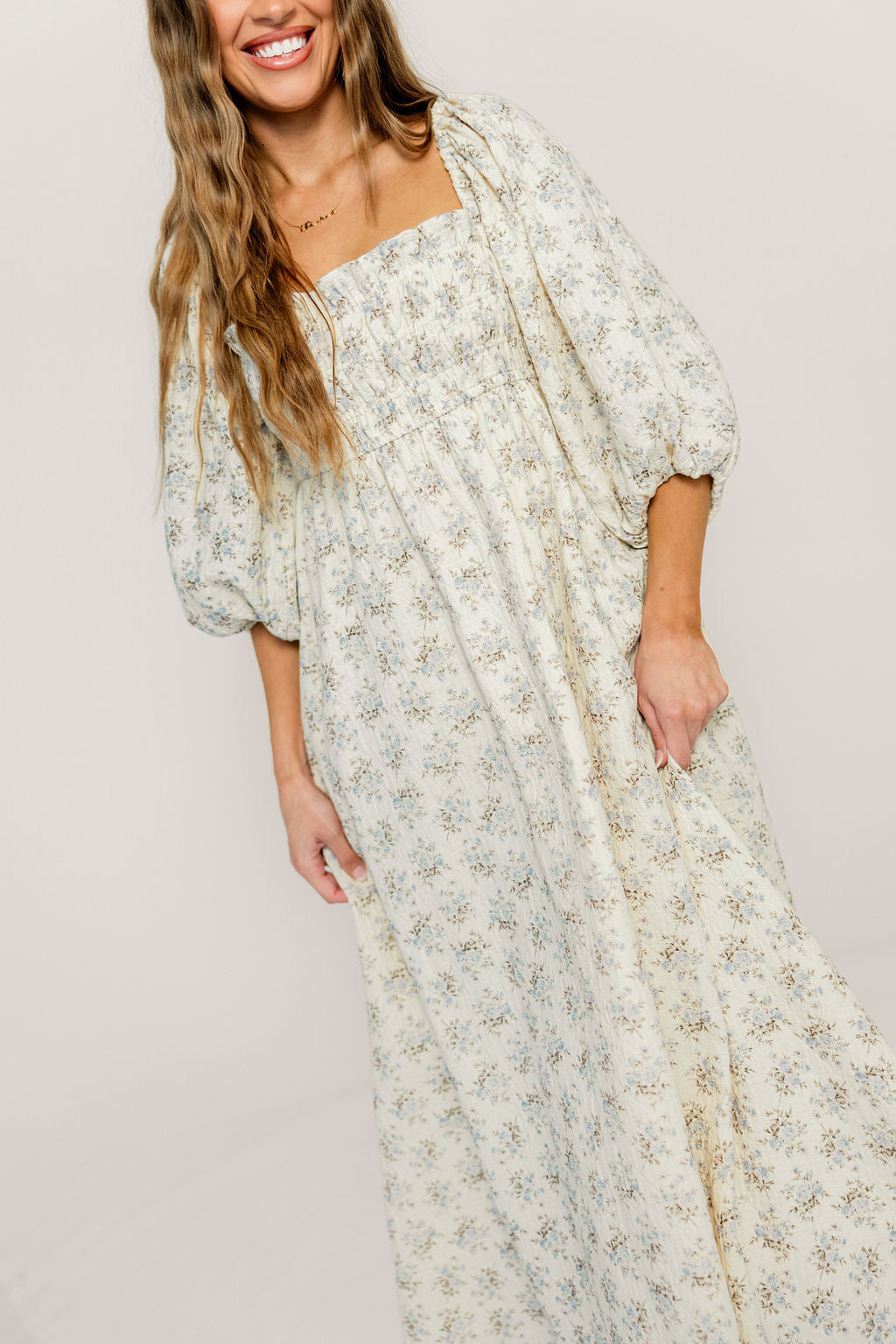 Noa Premium 100% Cotton Maxi Dress in Dusty Blue Floral - Bump Friendly