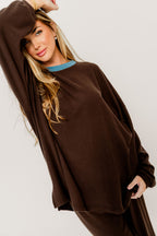 Naomi Oversized Fleece Long Sleeve Top in Brown