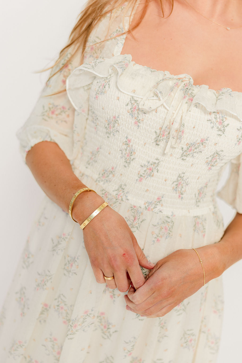 Elle Smocked Floral Ruffle Maxi Dress in Creme Floral