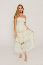 Dianne Cotton Embroidered Patchwork Lace Tube Maxi Dress in Ecru