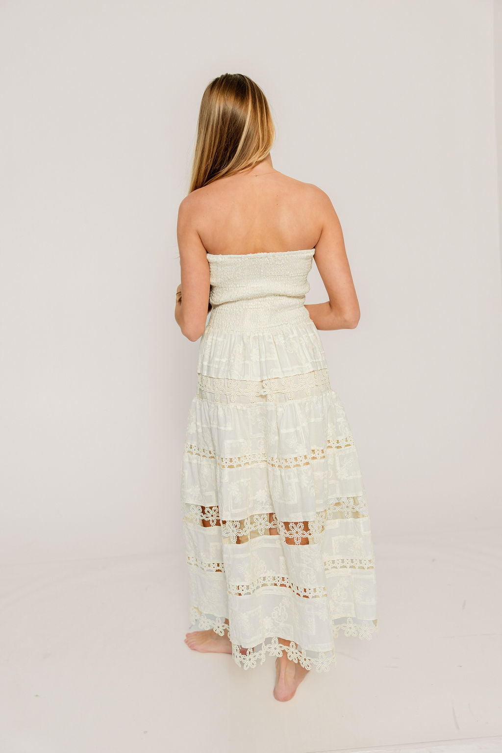 Dianne Cotton Embroidered Patchwork Lace Tube Maxi Dress in Ecru