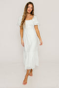 Azaria Eyelet Puff Sleeve Midi Dress in White Floral