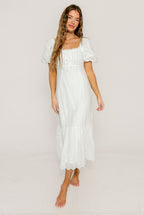 Azaria Eyelet Puff Sleeve Midi Dress in White Floral
