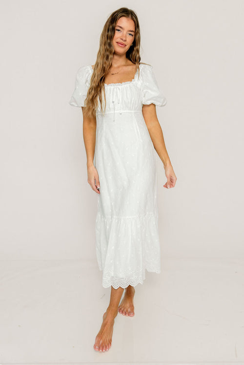 Azaria Eyelet Puff Sleeve Midi Dress in White Floral