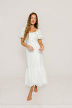 Azaria Eyelet Puff Sleeve Midi Dress in White Floral