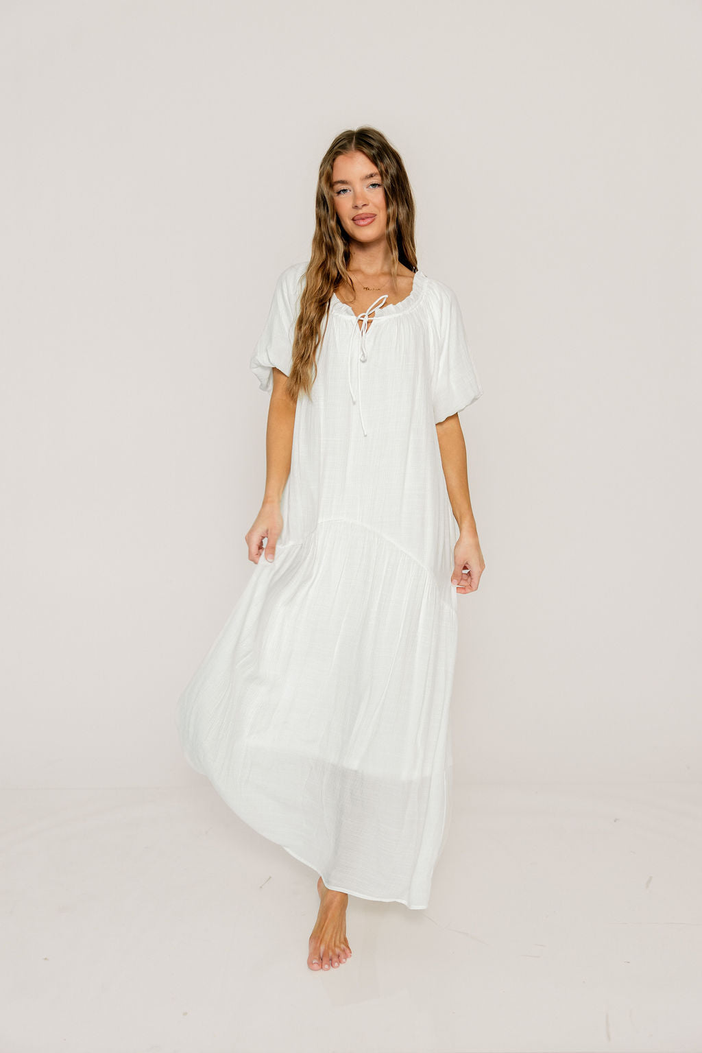 Christina Puffed Sleeve Maxi Dress in Off White - Bump Friendly