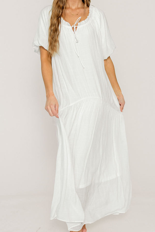 Christina Puffed Sleeve Maxi Dress in Off White - Bump Friendly