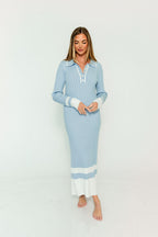 Kris Colorblock Polo Rib-Knit Maxi Dress in Sky