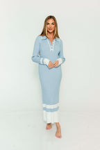 Kris Colorblock Polo Rib-Knit Maxi Dress in Sky