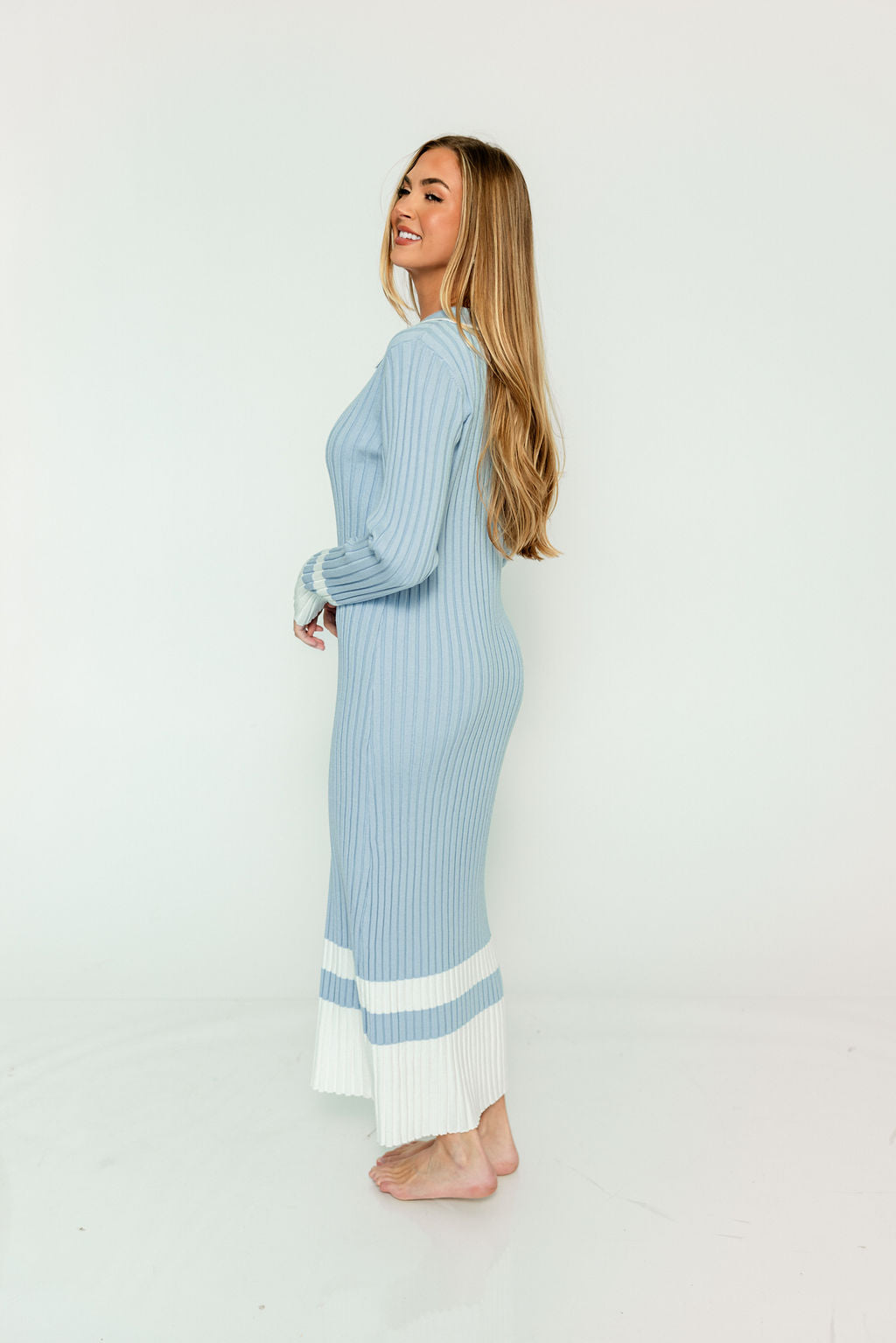Kris Colorblock Polo Rib-Knit Maxi Dress in Sky