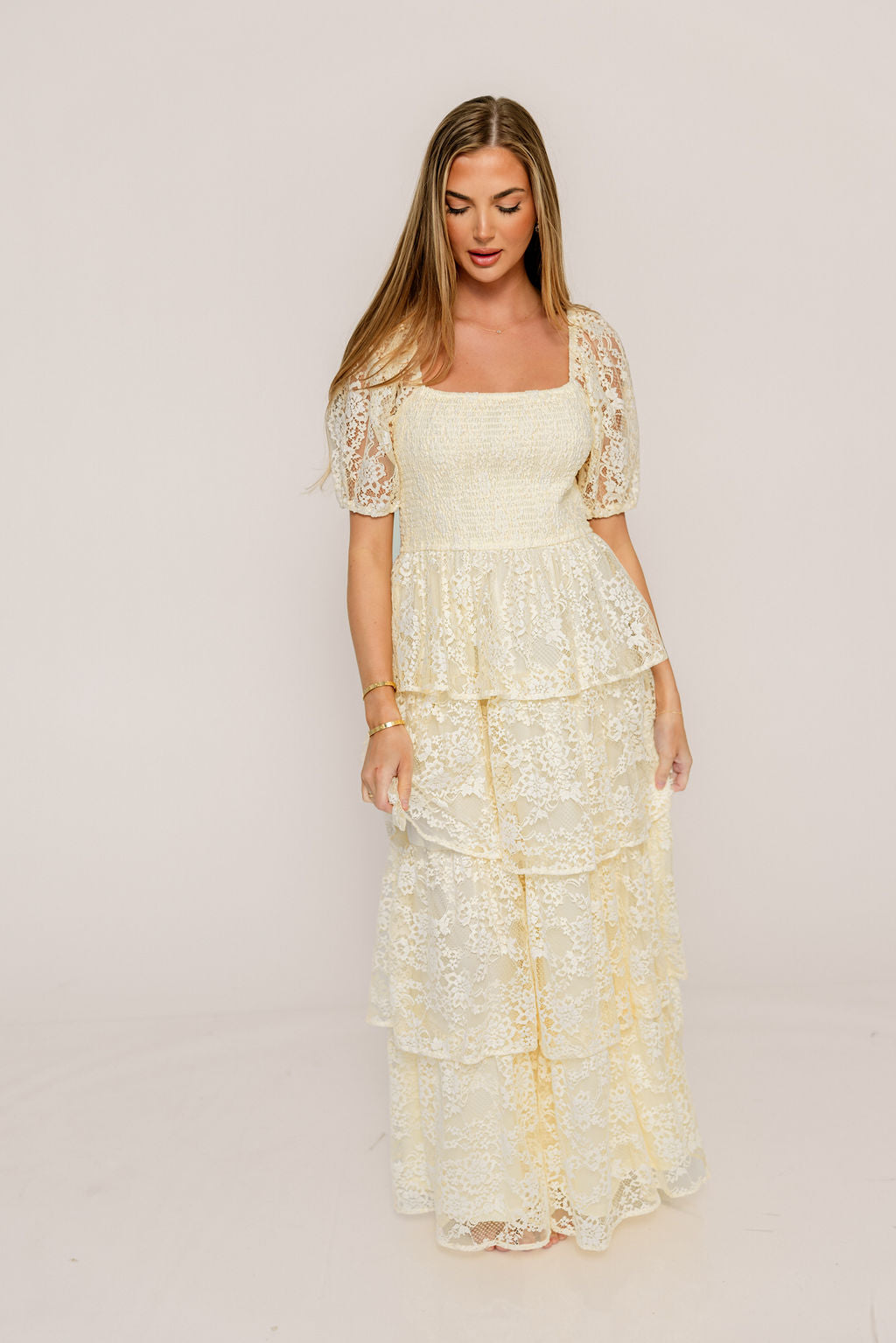 Athena Lace Tiered Smocked Maxi Dress in Butter Cream - Bump Friendly