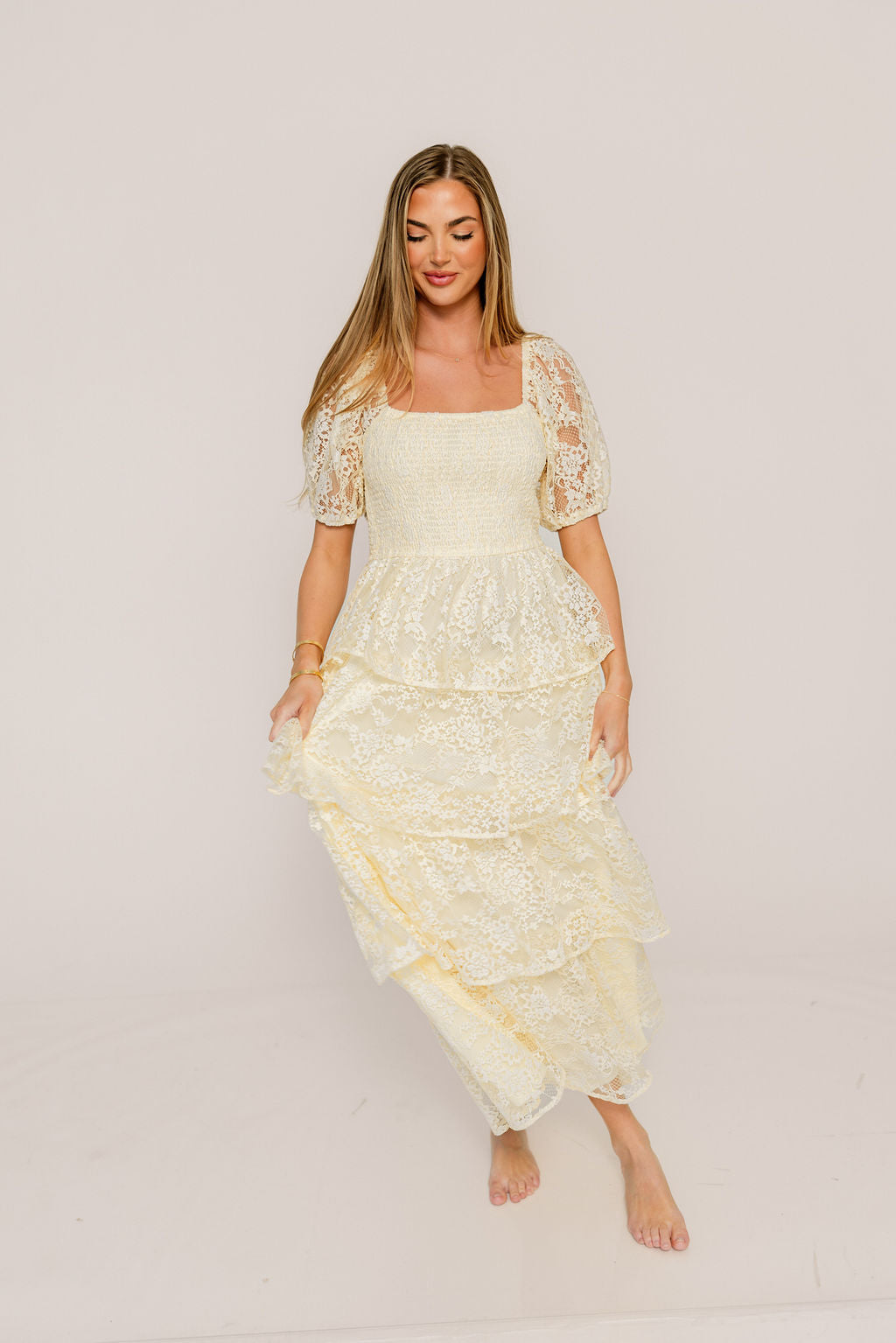 Athena Lace Tiered Smocked Maxi Dress in Butter Cream - Bump Friendly