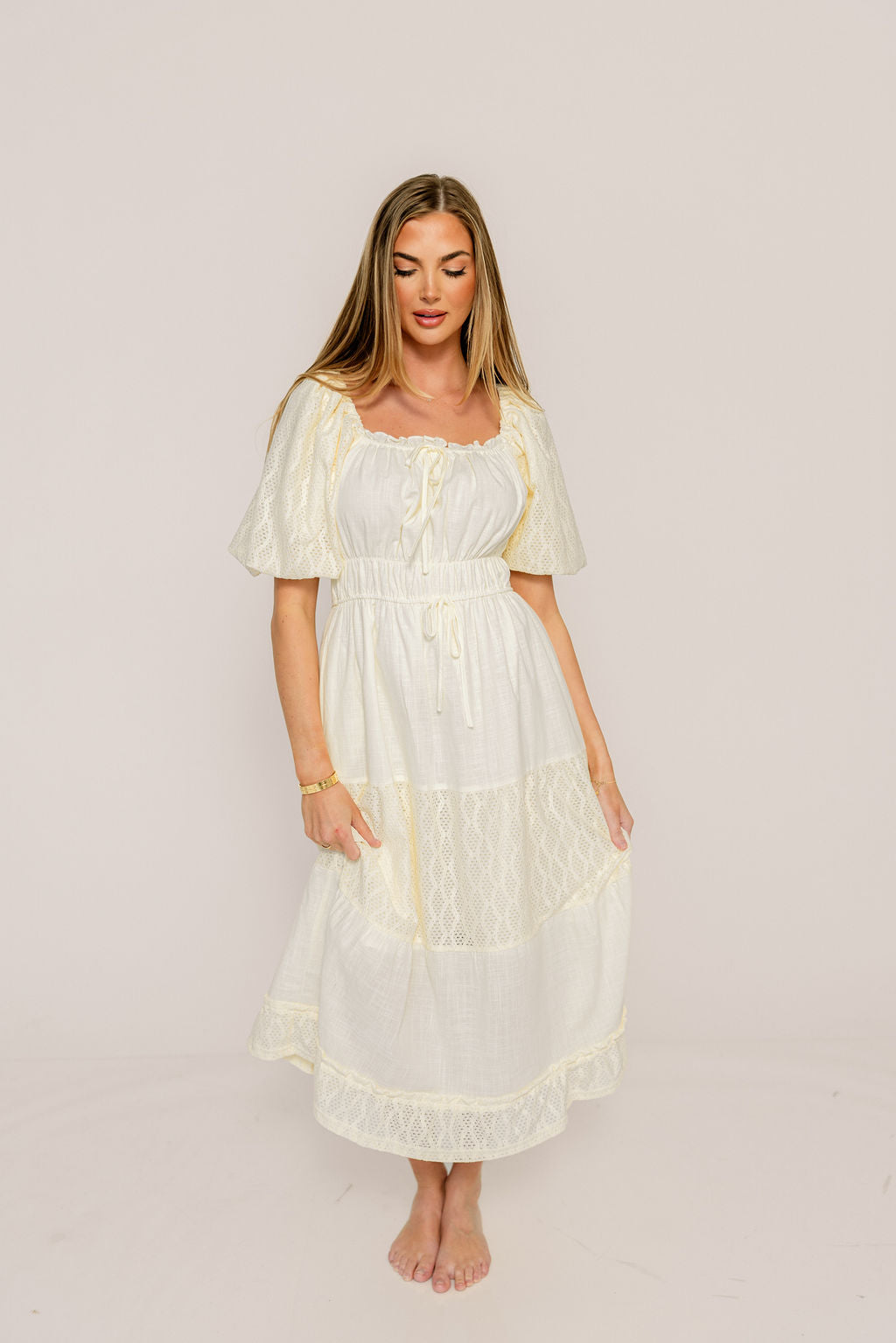 Noor Lace Tiered Midi Dress in Cream
