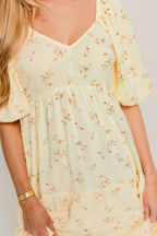 Jules Floral Print Bubble Sleeve Tiered Maxi Dress in Light Yellow