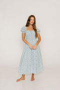 Nya 100% Cotton Smocked Midi Dress in Blue Multi Floral