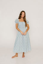 Nya 100% Cotton Smocked Midi Dress in Blue Multi Floral