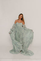 Delilah Maxi Dress with Train in Muted Sage Floral - Bump Friendly