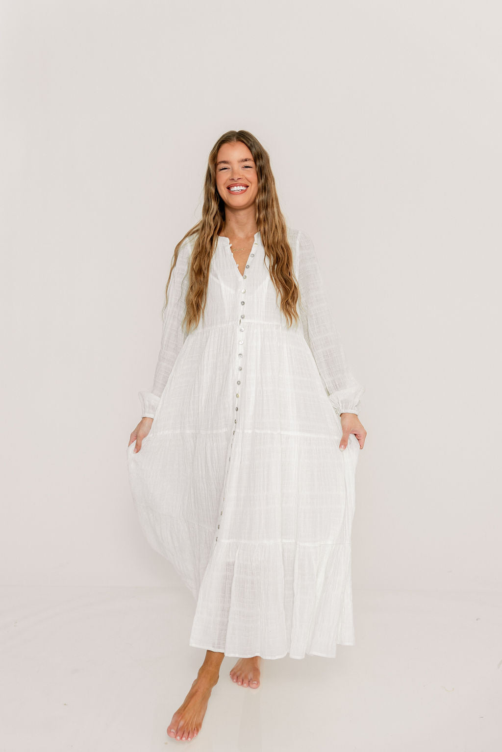 Anna Cotton-Blend Button Down Maxi Dress in Ivory - Bump Friendly