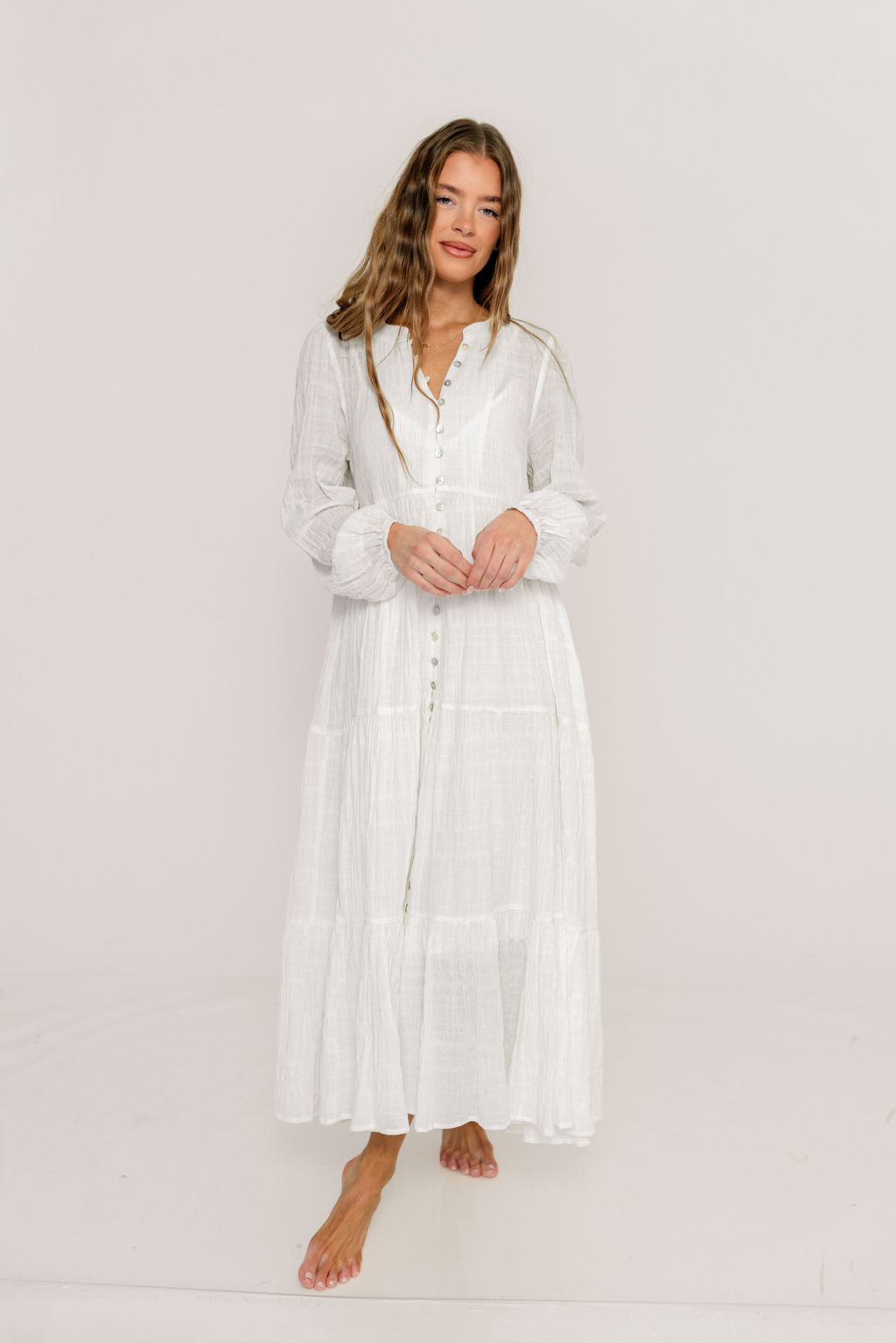 Anna Cotton-Blend Button Down Maxi Dress in Ivory - Bump Friendly