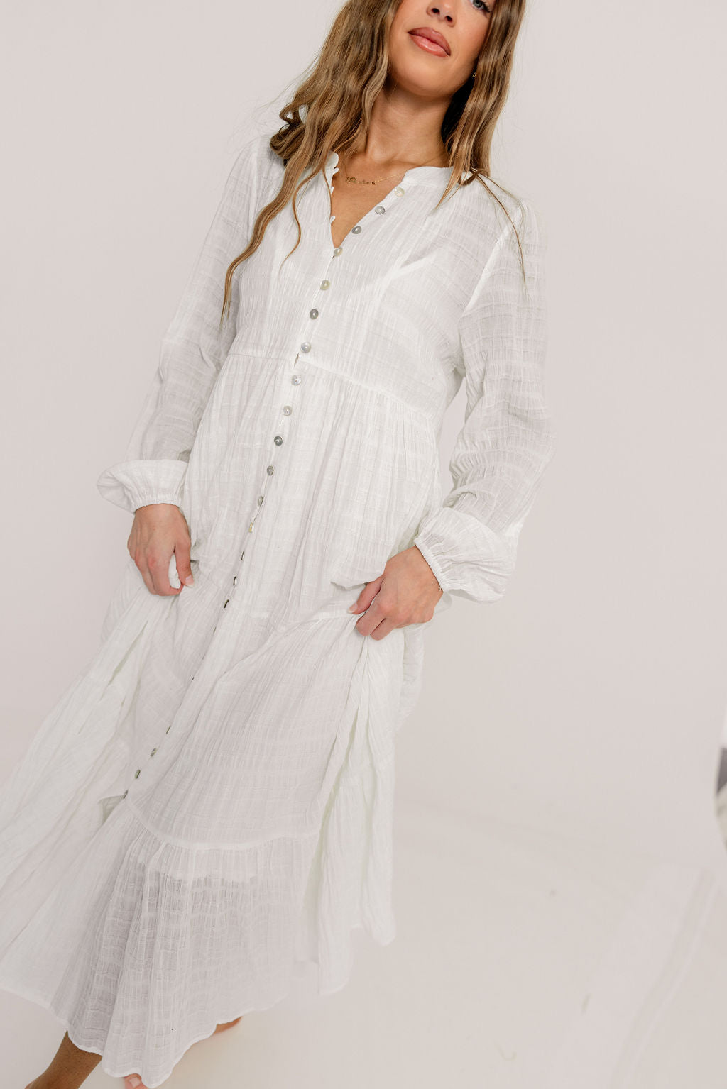 Anna Cotton-Blend Button Down Maxi Dress in Ivory - Bump Friendly