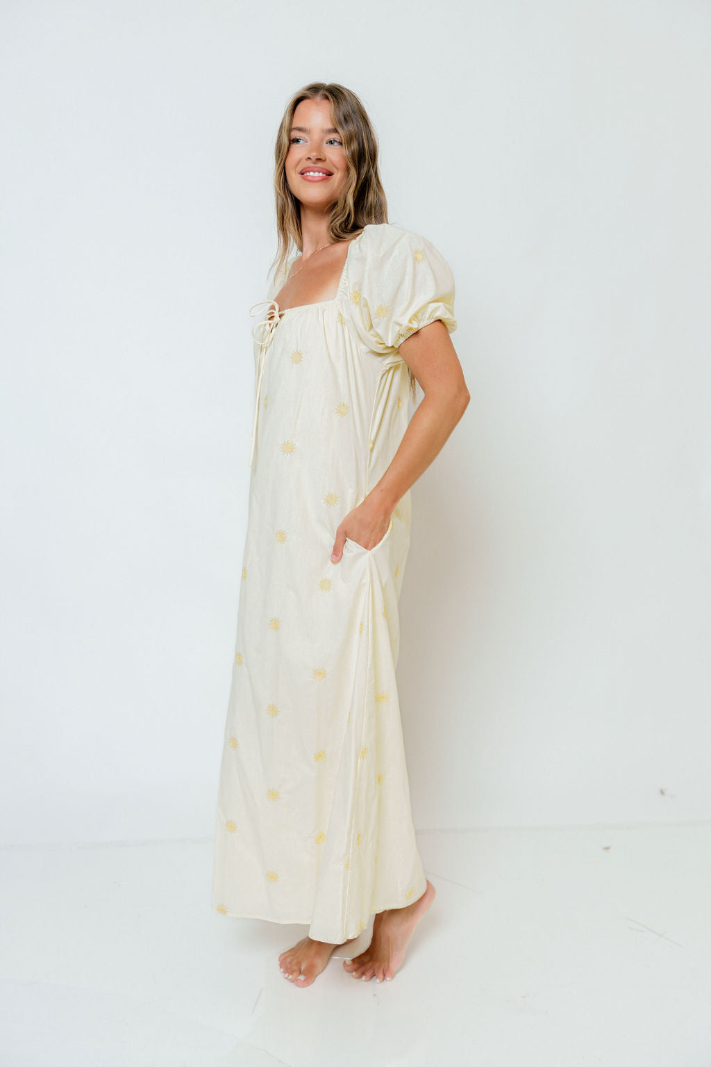Dolores Sun Embroidered Maxi Dress in Light Yellow