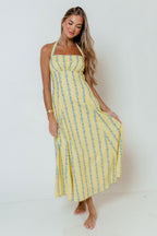 Dahlia Floral Striped Midi Dress in Yellow/Light Blue