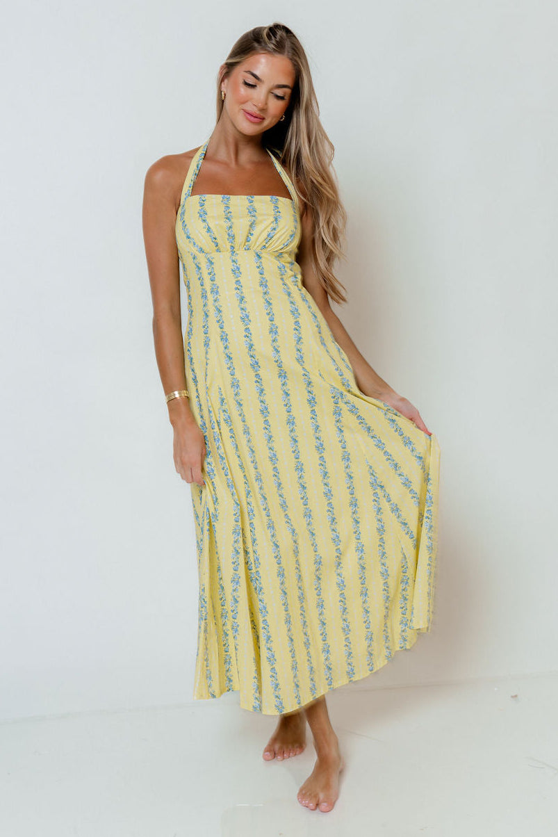 Dahlia Floral Striped Midi Dress in Yellow/Light Blue