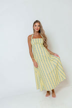 Dahlia Floral Striped Midi Dress in Yellow/Light Blue